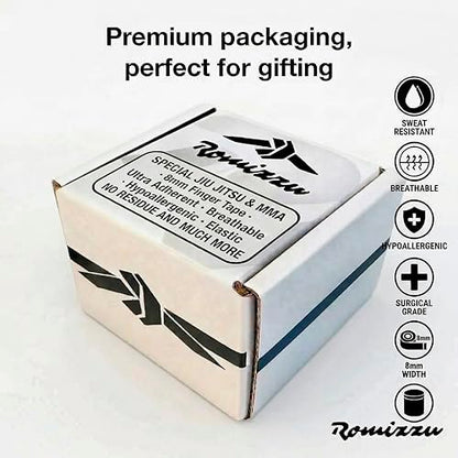 BJJ Finger Tape with Metal Storage Tin – 6 Rolls 26ft x 0.3in | Jiu Jitsu Grappling Tape | Strong Finger Support | Breathable Cotton | Residue-Free | MMA Wrestling Rock Climbing - color: White
