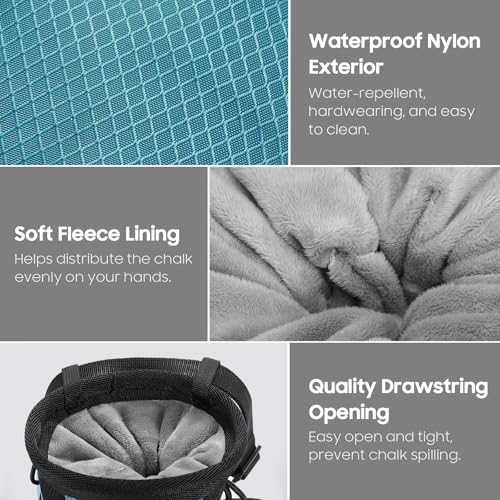 MoKo Climbing Chalk Bag with Chalk Brush, Waterproof Nylon Bouldering Chalk Bag Bucket with 2 Large Zippered Storage Pockets Drawstring Closure Adjustable Belt Chalk Bag for Climbing Gymnastics - color: Black+Light Blue, style: Cylindrical