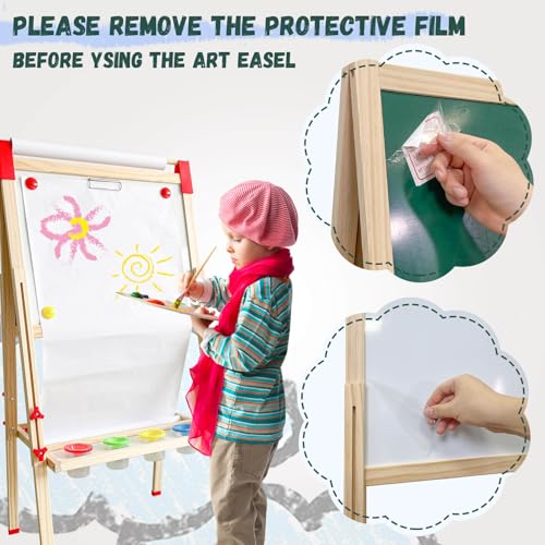 Adjustable Wooden Art Easel for Kids,Double Sided Chalkboard & Whiteboard | Drawing & Painting Station with 114+ Art Supplies,Height Adjustable Magnetic Board for Toddlers Ages 3-12,2 Paper Rolls - color: green