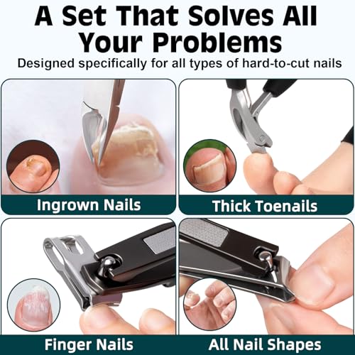 Heavy Duty Toenail Clippers for Thick Ingrown Nails Fingernail Set | Ultra Sharp All-IN-ONE Kit: 15% Thicker Premium Sturdy Podiatrist Toe Nail Care Tools. Perfect Grooming Gifts with Case - color: Black, size: 8-Pack