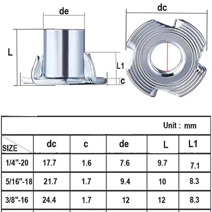 T Nuts 1/4"-20,5/16"-18, 3/8"-16(150 Pack), 4-Pronged tee Nuts for Wood Furniture, Rock Climbing Holds, Cabinetry (T-Nuts Kit) - size: T-Nuts Kit