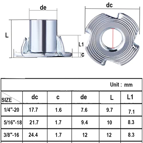 T Nuts 5/16-18(100 Pack), 5/16" Barrel Length,4-Pronged tee Nuts for Wood Furniture, Rock Climbing Holds, Cabinetry (5/16"-18) - size: 5/16"-18