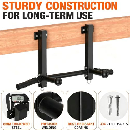 Joist Mounted Pull Up Bar, 650LB Load, Fit 16" Ceiling Beam Spacing | Multi-Grip with Finger Balls, 2 Suspension Rings, Fit Solid Concrete and Wood Mount, Home Gym, Garage & Basement
