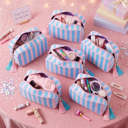 Kacctyen 6 Pack Peony Pink and Slate Blue Striped Makeup Bag bulk with Tassel Travel Cosmetic Pouch Organizer Large Zipper Toiletry Case for Women Aesthetic Storage Pouch Mahjong Tile Bag - color: Peony Pink and Slate Blue