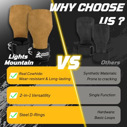 Weight Lifting Straps with D Rings, Leather Palm Grip, 7mm Wrist Support Padding, Adjustable Fit for Cable Machines & Free Weights