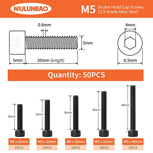 M5 x 20mm 25mm 30mm 35mm 40mm Hex Socket Head Cap Screws Bolts, 12.9 Grade Alloy Steel, Black Oxide Finish, Allen Hex Drive, Metric Machine Fully Threaded, Assortment Kit 50PCS - size: M5 x 20/25/30/35/40mm (50PCS)