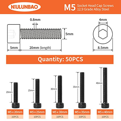 M5 x 20mm 25mm 30mm 35mm 40mm Hex Socket Head Cap Screws Bolts, 12.9 Grade Alloy Steel, Black Oxide Finish, Allen Hex Drive, Metric Machine Fully Threaded, Assortment Kit 50PCS - size: M5 x 20/25/30/35/40mm (50PCS)