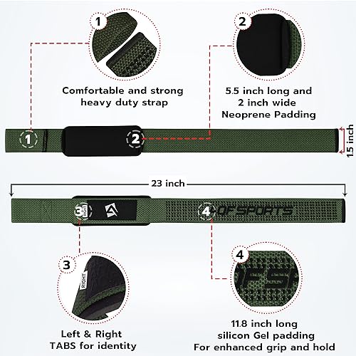 AQF Weight Lifting Straps, Padded Cotton Gym Wrist Straps for Deadlifts | 23" Extra-Long, Heavy-Duty Webbing, 5mm Neoprene Cushioning, Open-Loop Design, Sold as Pair, Ideal for Rows & Pull Workout - color: M/Green Gel Grip