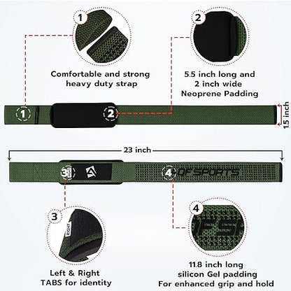 AQF Weight Lifting Straps, Padded Cotton Gym Wrist Straps for Deadlifts | 23" Extra-Long, Heavy-Duty Webbing, 5mm Neoprene Cushioning, Open-Loop Design, Sold as Pair, Ideal for Rows & Pull Workout - color: M/Green Gel Grip