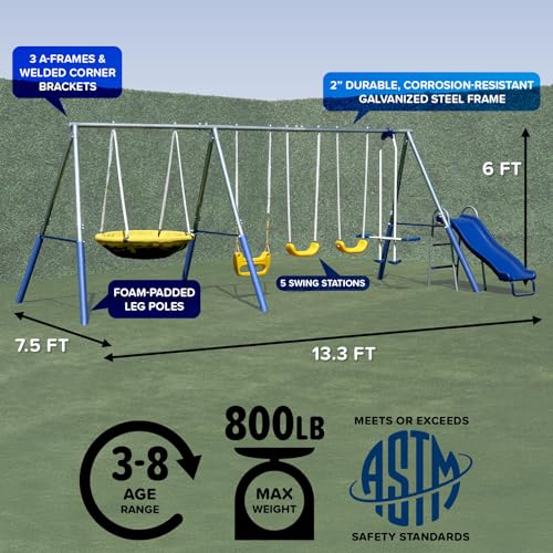 Sportspower 800lbs ‘Swing & Play’ Metal Swing Set for Backyard & Outdoors, 2 Swings & Standing Swing, 2-Person Glider, 2-Person Saucer, 5ft Slide, Bonus Anchors, 6-YR WRTY, 6.1' Tall
