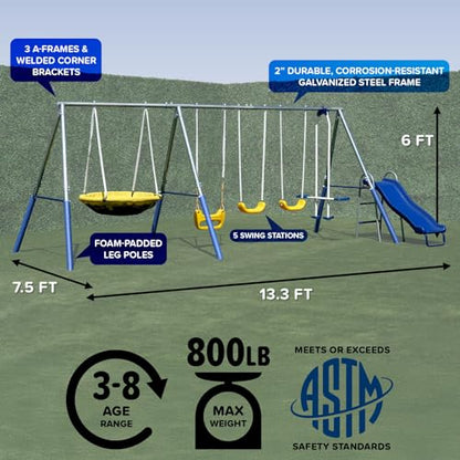Sportspower 800lbs ‘Swing & Play’ Metal Swing Set for Backyard & Outdoors, 2 Swings & Standing Swing, 2-Person Glider, 2-Person Saucer, 5ft Slide, Bonus Anchors, 6-YR WRTY, 6.1' Tall