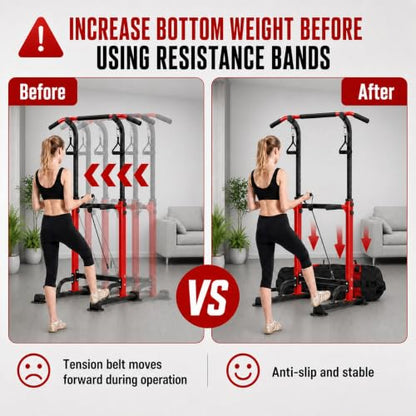 Power Tower Pull Up Bar Station, Adjustable Height Dip Stand | Adjustable Height, Pull-Ups & Dips, Space-Saving Design, Heavy-Duty Steel, Fits Users Under 6 FT - color: Red