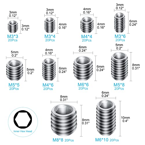 200Pcs Allen Head Socket Hex Set Screw Bolts Assortment Grub Screws Kit Metric M3 M4 M5 M6 M8 w/Internal Hex Drive, Stainless Steel - color: Silver