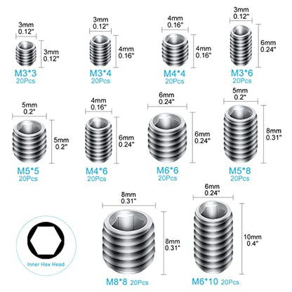 200Pcs Allen Head Socket Hex Set Screw Bolts Assortment Grub Screws Kit Metric M3 M4 M5 M6 M8 w/Internal Hex Drive, Stainless Steel - color: Silver