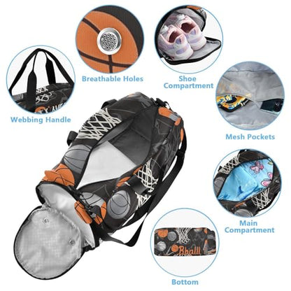 Kids Sports Duffel Bag for Boys & Girls - Basketball Players Balls 100% Polyester Gym Bag with Separate Shoe Compartment, Adjustable Shoulder Strap, Compact Travel & Workout Gear Bag - color: Basketball Players Balls