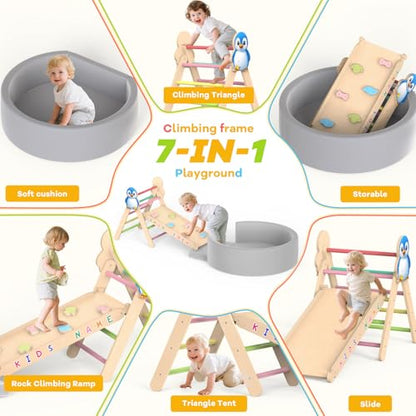 Acenova Pikler Triangle Climbing Set with Cushion and DIY Name Stickers, Montessori Wooden Climbing Gym for Toddlers, Indoor Jungle Gym, Dinosaur Pikler Triangle Arch Ramp Climber Toy