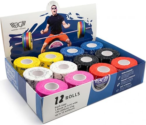 WARM BODY COLD MIND 1.85" Premium Weightlifting Thumb Tape - Hook Grip Tape for Powerlifting, Cross Training, Gym Tape, Workout, Weight Lifting Tape, Athletic Finger Wrap (12 Rolls V4 Mix) - color: 12 Rolls V4 Mix