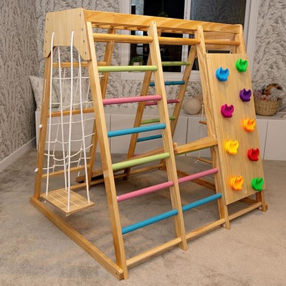 Avenlur Magnolia Indoor Playground 7-in-1 Jungle Gym Playset for Kids 2-6yrs - Slide, Climbing Wall, Rope Wall Climber, Monkey Bars, Swing - Waldorf and Montessori Style Wooden Climb Set. USA Company. | Wooden Montessori play gym, indoor playground ages 2