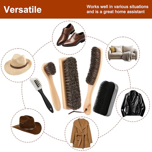 5pcs Horsehair Shoe Brush Premium Shoe Polish Brush, Horsehair Felt Hat Brush Kit with Cleaning Sponge，Boot Brush Multipurpose Horse Hair Brush for Leather Suede Shoes Felt Hat Furniture