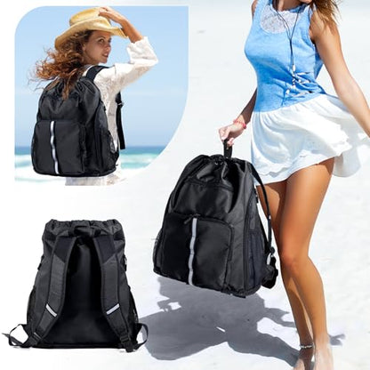 Large Beach Backpack Waterproof Sandproof - Customized Oversized Drawstring Pool Bag with Shoe Compartment for Toiletries, Towels, Gym, Travel - color: Black, size: Large