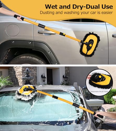 anngrowy 47.64" Car Wash Brush Mop Kit Mitt Sponge with Long Handle Car Cleaning Supplies Kit Tools Car Washing Duster Exterior Scratch Free, Chenille Replacement Head Extension Pole - color: Black 2