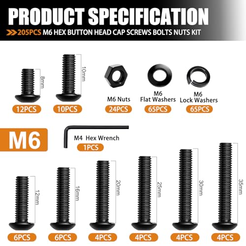mankk 205PCS M6 Bolt Assortment Kit M6 x 8/10/12/16/20/25/30/35mm Button Head Hex Socket Cap Screws Machine Screws with Nuts Washers - size: M6, style: Button Head