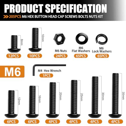 mankk 205PCS M6 Bolt Assortment Kit M6 x 8/10/12/16/20/25/30/35mm Button Head Hex Socket Cap Screws Machine Screws with Nuts Washers - size: M6, style: Button Head