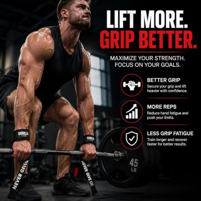 Pair of Deluxe Straps for Weights, Dumbbells, Gym and Crossfit with Non-Slip Grip and Durable Never Give Up Design - color: Black
