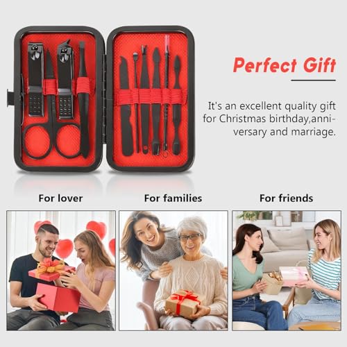 10 Pcs Manicure Set, Professional Portable Nail Care Kit with Nail Clippers, Nail Trimmer, and Grooming Tools for Home and Travel Use - color: 10 Pcs Black Red