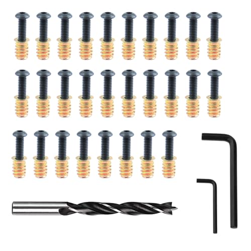 1/4"-20 Screw-in Wood Inserts, 28 Sets Furniture Fastener Kit | 28 Pcs 15mm Inserts, Matching 1-1/4" Long Hex Bolts, 1 Pc brad point drill bit, 2 Hex Wrenches, for Furniture & Table Leg Use - size: 1/4"-20 x 1-1/4"