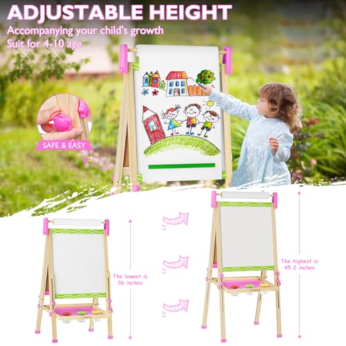 Adjustable Double-Sided Magnetic Wooden Easel for Kids with Paper Roll | Kids Easels,Dry Erase Whiteboard and Chalk Board,Eductional Learning Toys for 3 -10 Year Old Girl Boy Gifts - color: Green