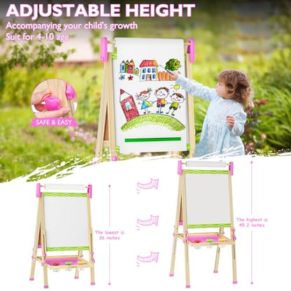Adjustable Double-Sided Magnetic Wooden Easel for Kids with Paper Roll | Kids Easels,Dry Erase Whiteboard and Chalk Board,Eductional Learning Toys for 3 -10 Year Old Girl Boy Gifts - color: Green