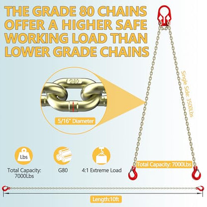Lifting Chains with Adjuster Hooks, 5/16 Inch x 10 Ft, 7000lbs / 3.18 Tons, Heavy Duty Industrial Chain Slings for Engine Hoist with 2 Legs Grab Hook