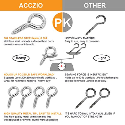 ACCZIO 8 Pack 304 Stainless Steel Eye Screws,2.5 Inch M6 Heavy Duty Eye Hooks Screw, Eye Bolts Screw in Eye Hooks for Wood, Eye Bolts for Secure Cable Wires, Indoor & Outdoor Use