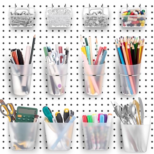 Jinei 12 Pcs Pegboard Bins and Cups with Hooks and Loops Peg Assortment Organizer Accessories Various Tool Organizer Pegboard Basket Set for Garage Workshop Workbench Office(Translucent) - color: Translucent