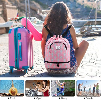 Dry Wet Drawstring Backpack with Shoe Compartment for Women Adjustable Gym Bag - color: Cactus Pink