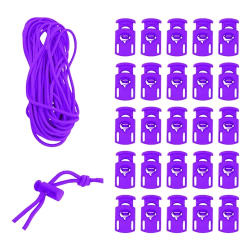Mandala Crafts Purple Shock Cord & Cord Locks for Elastic Drawstrings | 10 YDs Bungee String, 25 Spring Toggle Clips, End Stopper Clamps, for Shoelaces, Paracord, Jackets, Hoodies, Backpacks - color: Purple