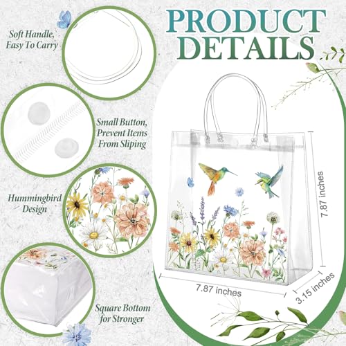 Resholder 24 Pcs Floral Hummingbird Clear Gift Bags with Handles Spring Wildflower PVC Treat Gift Bags for Flower Bird Party Wedding Bridal Baby Shower Birthday Tea Party Decoration, 8 x 8 x 3.15 Inch