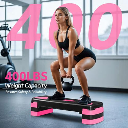 HomGarden Adjustable Workout Aerobic Stepper in Fitness & Exercise Step Platform Trainer Stepper w/Risers Adjust 4"-6''-8'' - color: Black/Pink