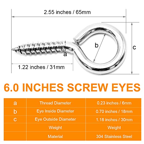 ACCZIO 8 Pack 304 Stainless Steel Eye Screws,2.5 Inch M6 Heavy Duty Eye Hooks Screw, Eye Bolts Screw in Eye Hooks for Wood, Eye Bolts for Secure Cable Wires, Indoor & Outdoor Use