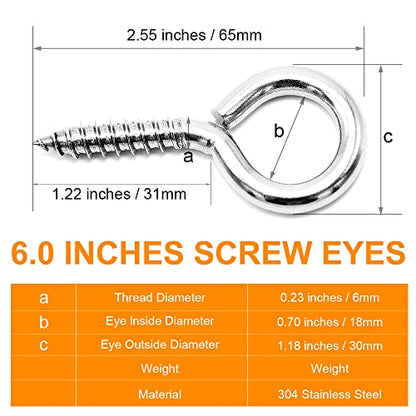 ACCZIO 8 Pack 304 Stainless Steel Eye Screws,2.5 Inch M6 Heavy Duty Eye Hooks Screw, Eye Bolts Screw in Eye Hooks for Wood, Eye Bolts for Secure Cable Wires, Indoor & Outdoor Use