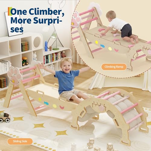 OUTLANE Pikler Triangle Set, 7-in-1 Foldable Wooden Toddler Climbing Toys Indoor, Jungle Gym for Toddlers, Large Montessori Climbing Set with Reversible Slide, Arch Ramp, Ladder & Cushion (Pink) - color: Pink