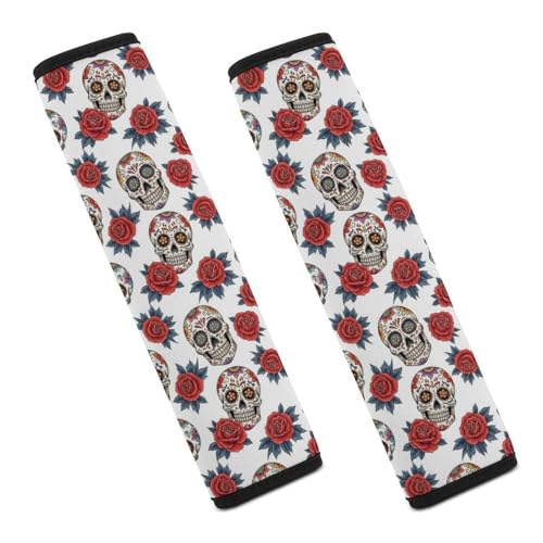 2PCS Universal Soft and Comfortable Seat Belt Cover for Elderly Support, Most Cars, Skull Rose White Shoulder Protector, Comfortable Driving - color: Pattern 550