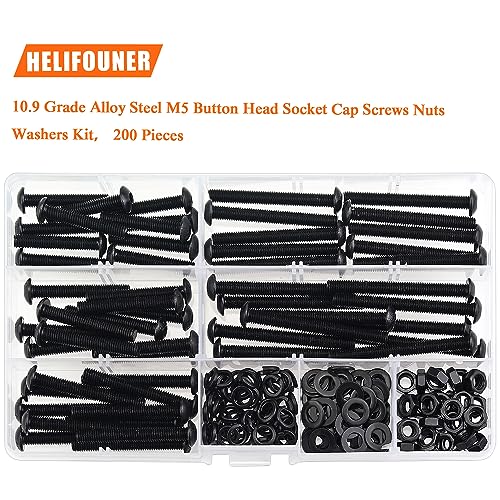 HELIFOUNER 200 Pieces M5 x 30mm /35mm /40mm /45mm /50mm, Button Head Socket Cap Metric Screws Bolts Washers Nuts Kit, 10.9 Grade Alloy Steel, Fully Threaded, Black - size: M5 x 30/35/40/45/50mm, style: Button Head