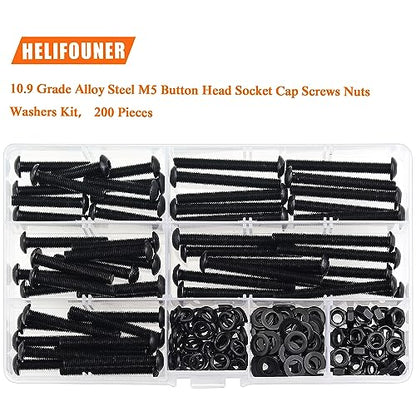 HELIFOUNER 200 Pieces M5 x 30mm /35mm /40mm /45mm /50mm, Button Head Socket Cap Metric Screws Bolts Washers Nuts Kit, 10.9 Grade Alloy Steel, Fully Threaded, Black - size: M5 x 30/35/40/45/50mm, style: Button Head