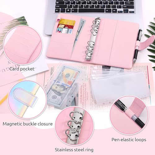SKYDUE Budget Binder with Cash Envelopes, Purple, A6 Size, 6-Hole, 20-Page Capacity, 8 Dividers, Faux Leather - color: Laser Pink