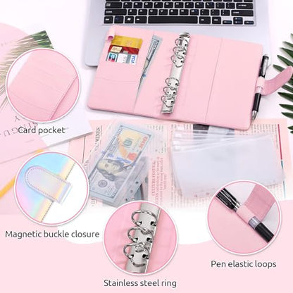 SKYDUE Budget Binder with Cash Envelopes, Purple, A6 Size, 6-Hole, 20-Page Capacity, 8 Dividers, Faux Leather - color: Laser Pink