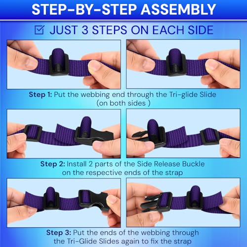 TECEUM 3/4" Nylon Strap Kit with Buckles, Dark Purple 6 yards Repair Set | Heavy duty hardware kit: 6yd webbing, 6 quick release buckles, 12 tri-glide slide clips, 6 metal D-rings for crafting. - color: Dark Purple, size: 3/4" - 6 yards, style: 6 Buckle -