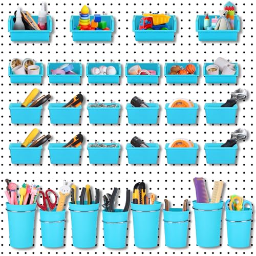 Roowest 60 Pcs Pegboard Cups Pegboard Bins Set, Wall Organizer with Hooks and Loops, Hooks Assortment Organizer Accessory for Office Storage Garage Craft Workshop(Blue) - color: Blue