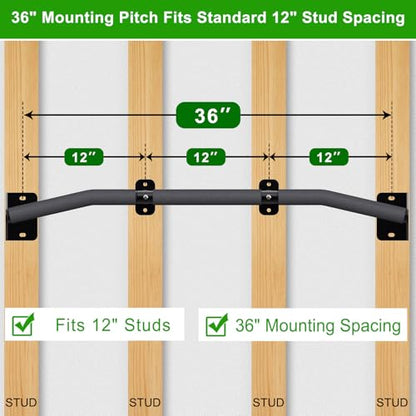 SELEWARE Heavy Duty Wall Mount Pull Up Bar, Joist Mount Chin Up Bar for Doorway, Sturdy Steel Construction, w/Resistance Band Hooks, Fits 32"/36" Wall Studs for Home Gym Strength Training - size: B: 36" x 1.6" Dia Grip
